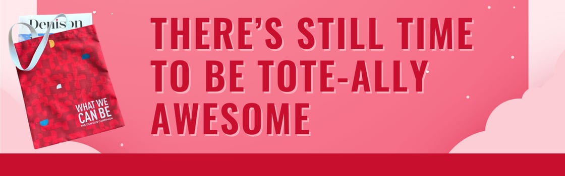 Denison tote bag, in pink and red background