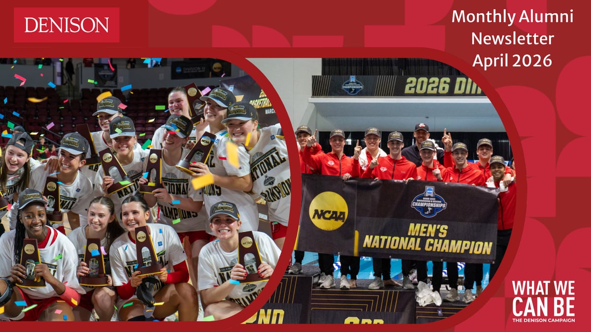 Women's basketball and men's swimming and diving teams both pose with their NCAA championship trophies