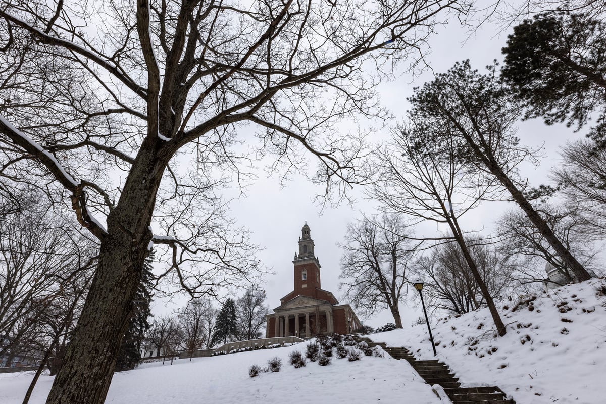 Swasey Chapel from a distance in the winter