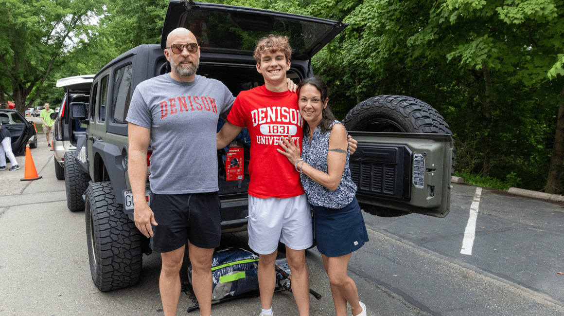 A photo of three smiling Denisonians during Move-In Day 2025.